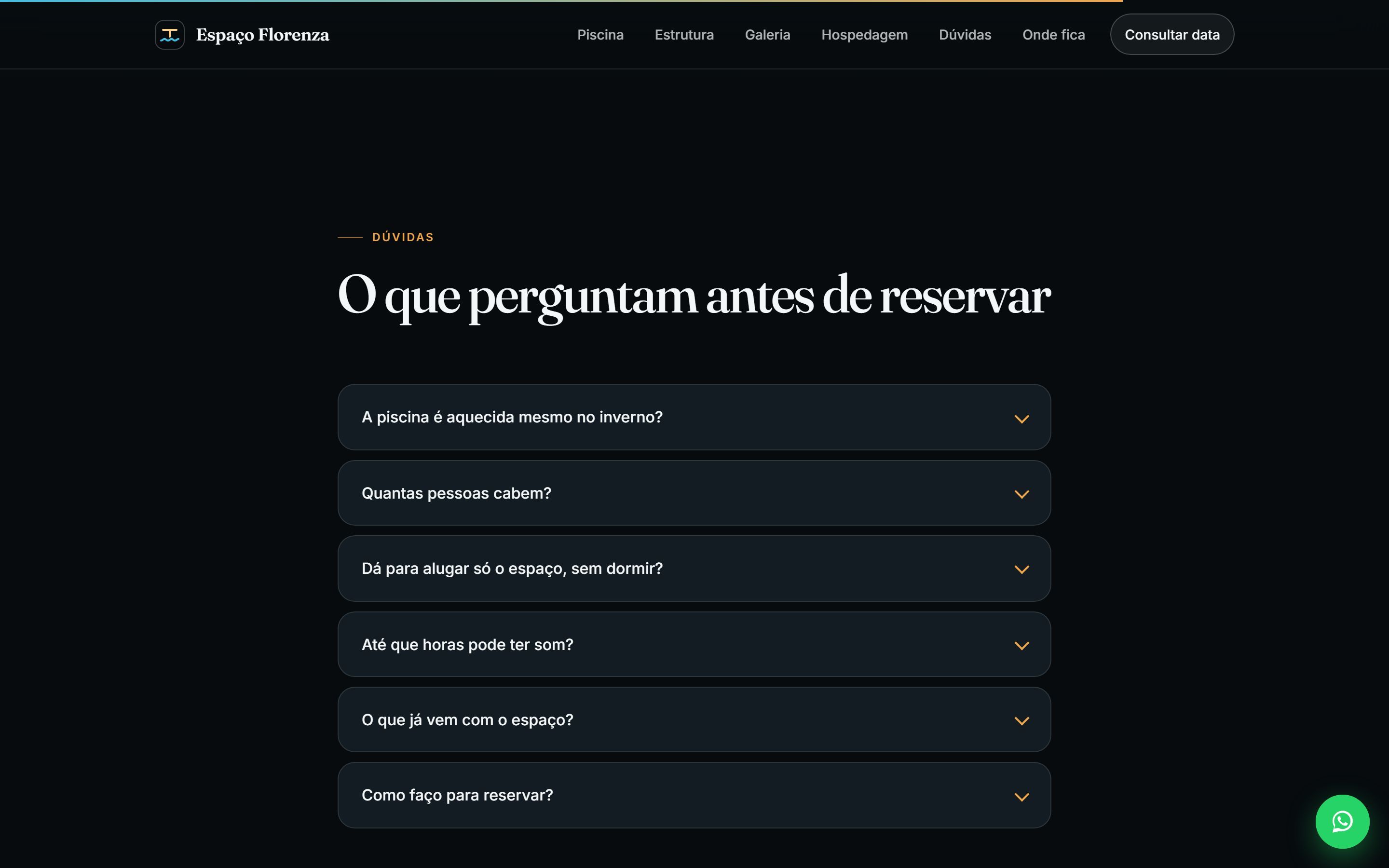 Seção de dúvidas frequentes do site, em formato de acordeão