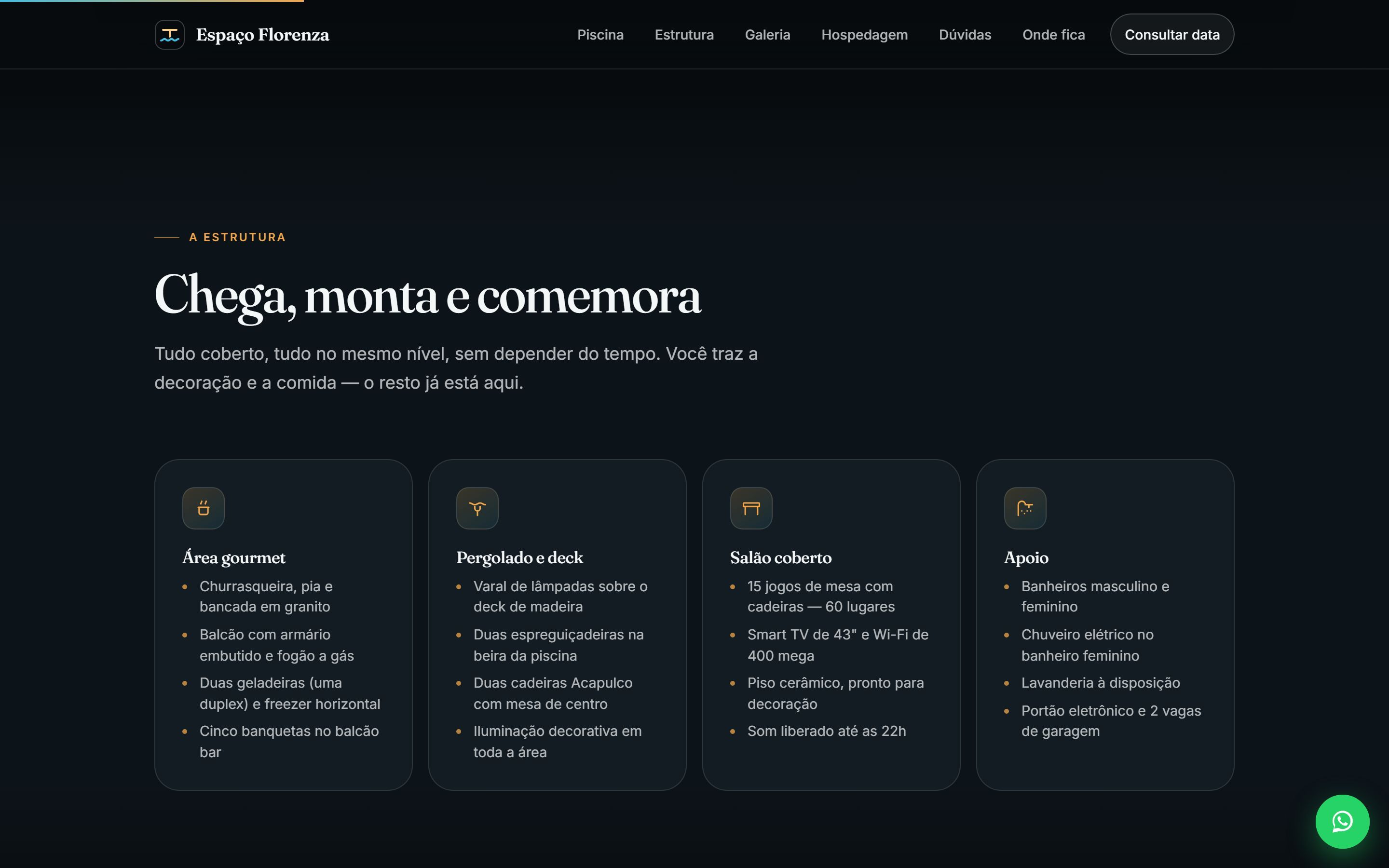 Seção Estrutura do site, com os cartões de área gourmet, pergolado, salão coberto e apoio