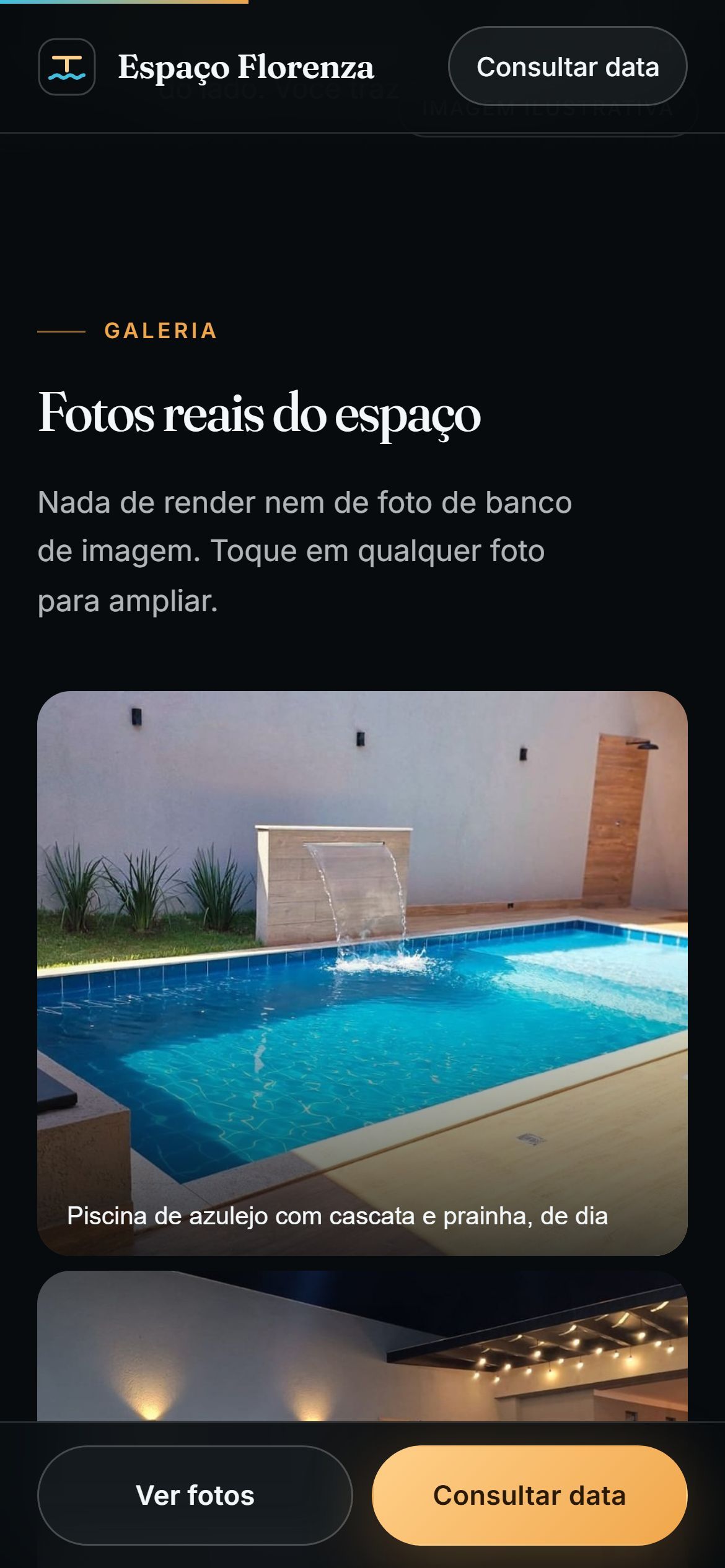 Galeria do site no celular, com as fotos reais do espaço