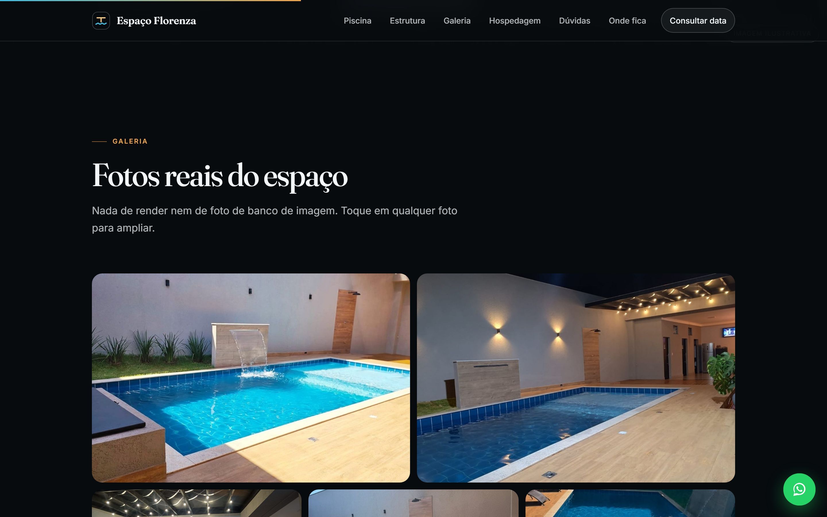 Galeria do site com fotos reais da piscina e da área coberta do Espaço Florenza
