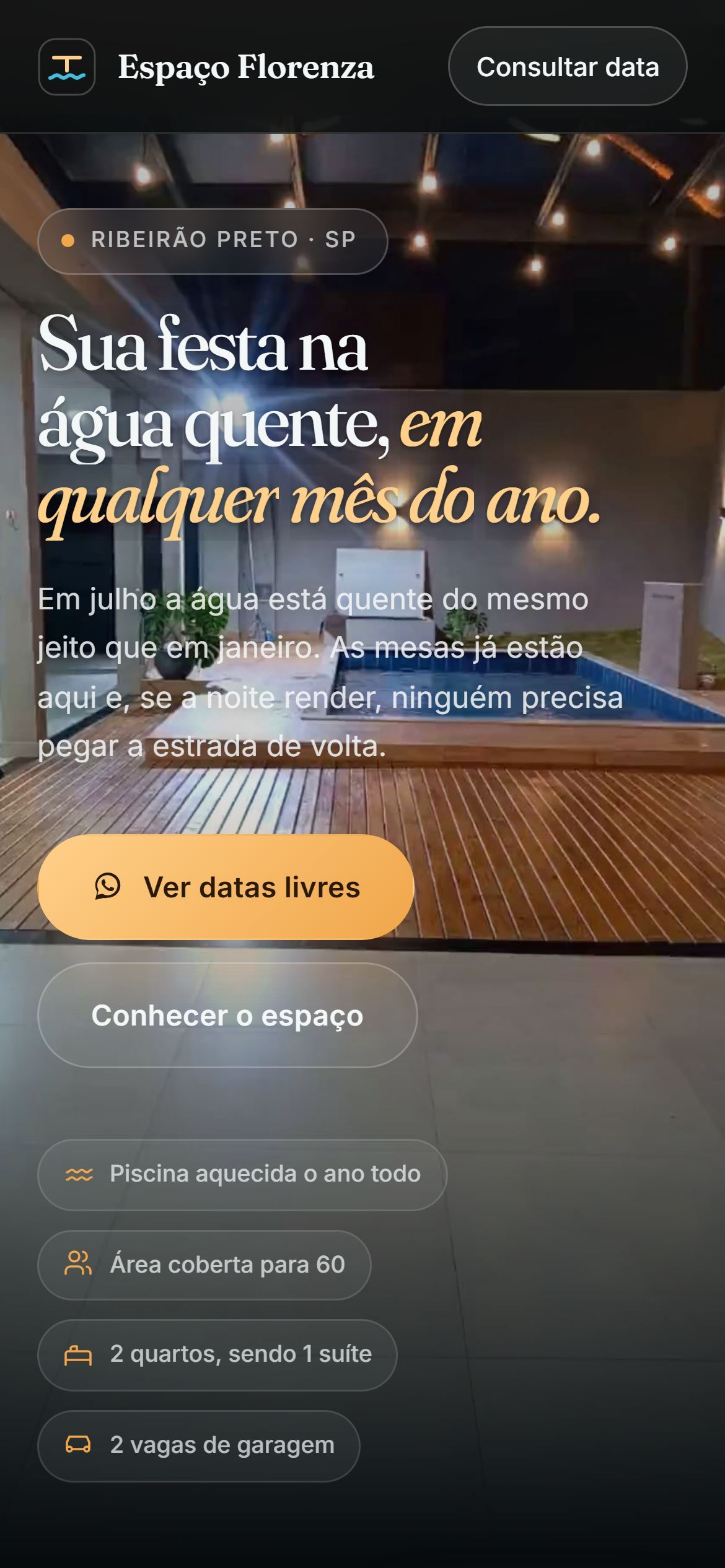 Início do site no celular, com a barra fixa Ver fotos / Consultar data no rodapé