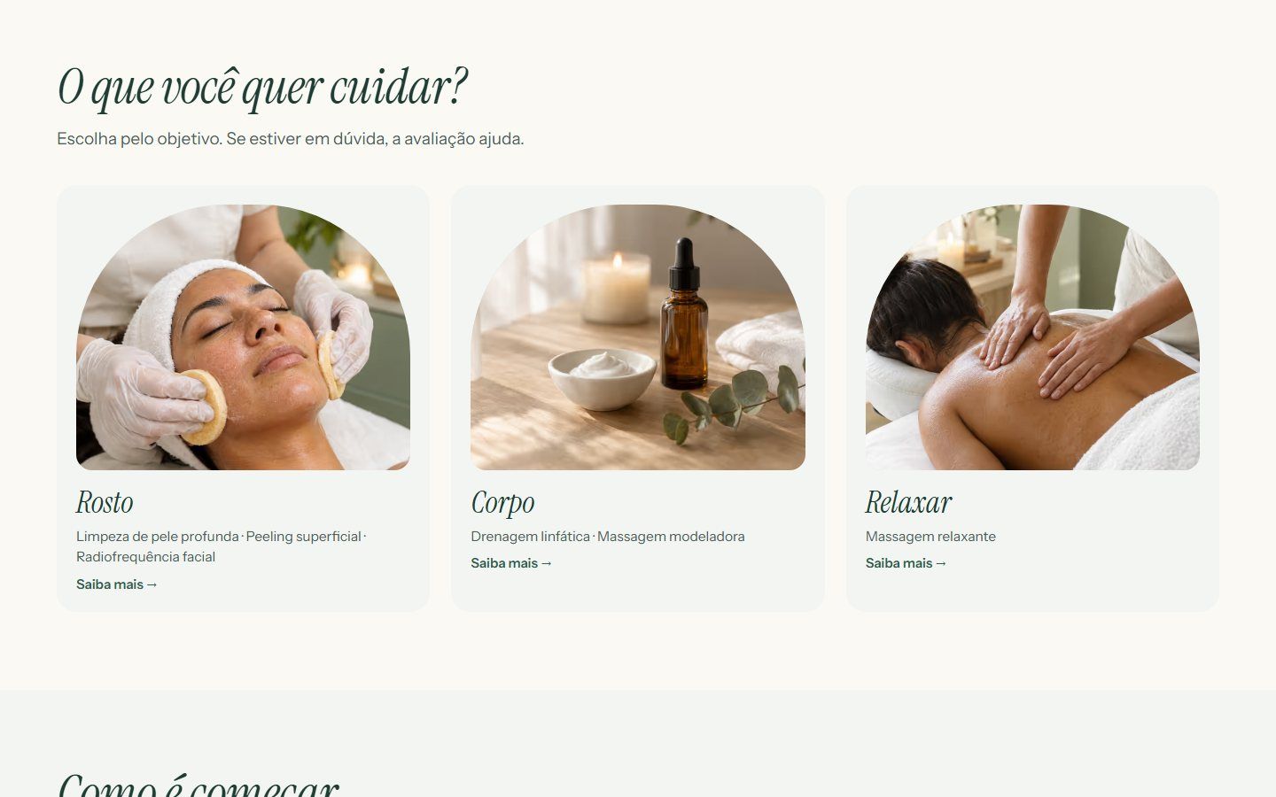 Três cartões: rosto, corpo e relaxar, cada um com foto e lista de tratamentos