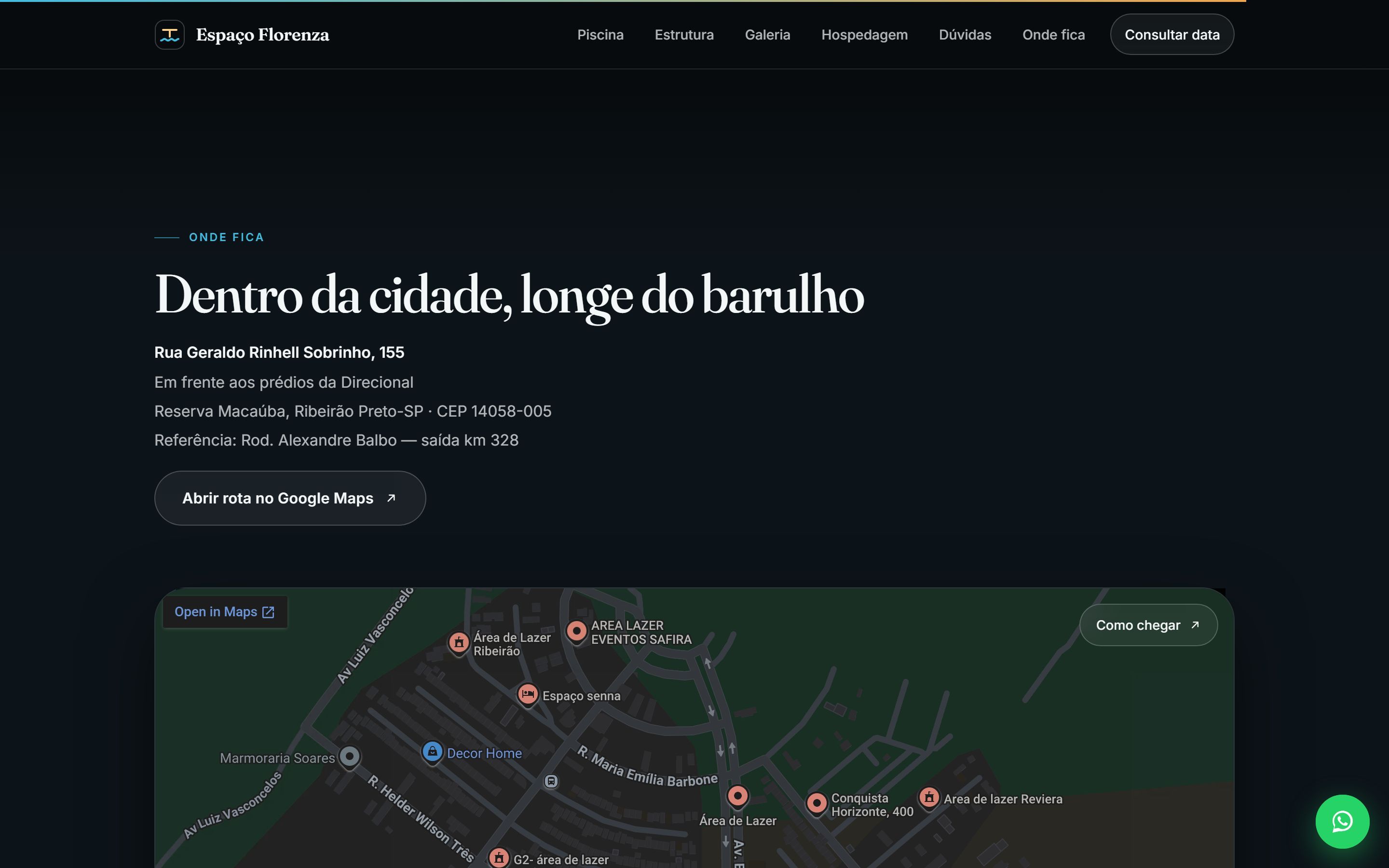 Seção Onde fica, com o endereço e o mapa que abre no Google Maps