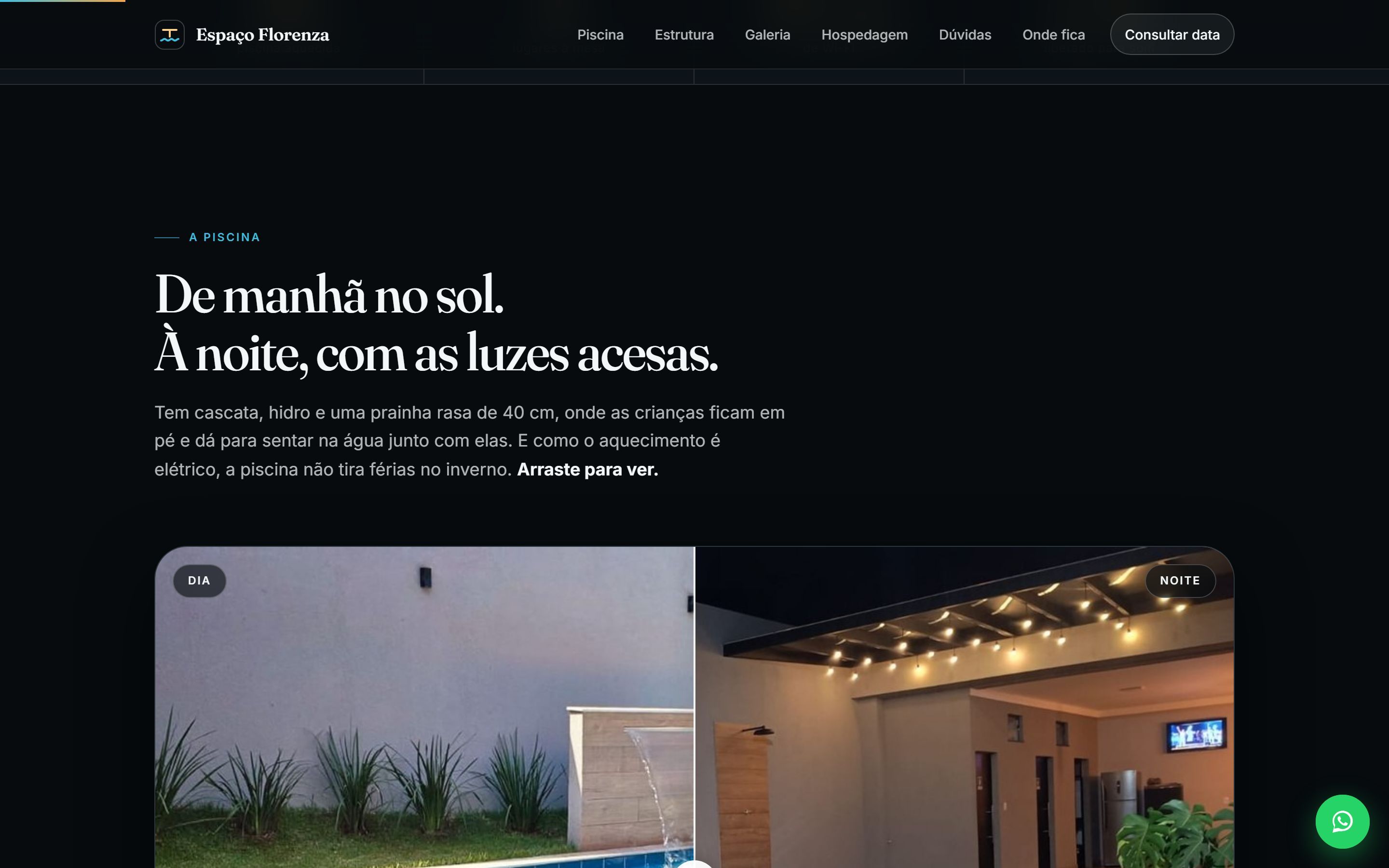 Seção Piscina do site, mostrando a piscina aquecida com cascata e luzes