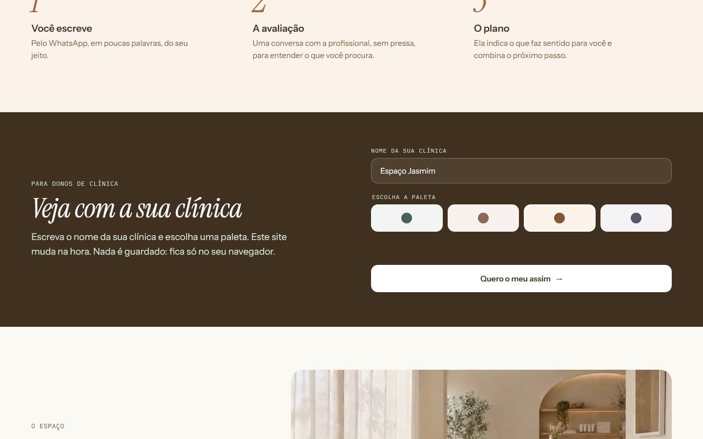 Painel Veja com a sua clínica, com o nome Espaço Jasmim e a paleta terracota aplicada ao site